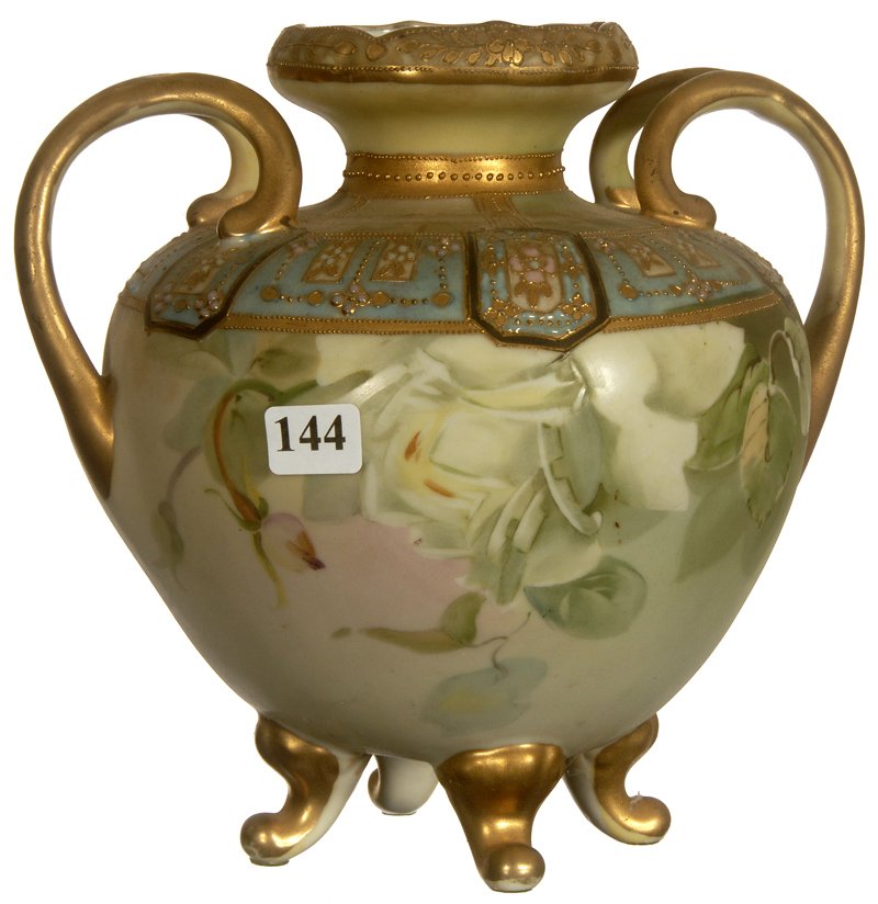 8" NIPPON (GREEN WREATH MARK) TWO HANDLED FOOTED BALL S: 8" NIPPON (GREEN WREATH MARK) TWO HANDLED FOOTED BALL SHAPED VASE GREEN & BLUE BACKGROUND W/ ROSE DECOR