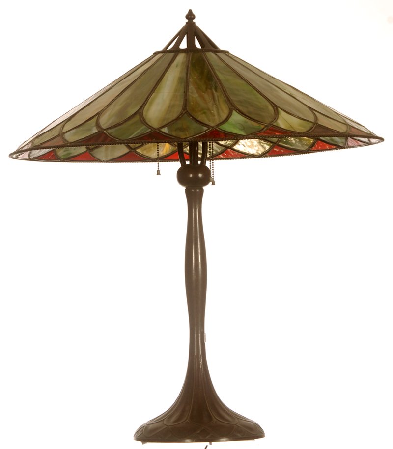 WOW! 30" MARKED HANDEL, LEADED GLASS TABLE LAMP: WOW! 30" MARKED HANDEL, LEADED GLASS TABLE LAMP 26 1/2" DIAMETER MULTI COLORED PANELS FEATURING GREEN, RED & WHITE - ORIGINAL MARKED BASE - ONE OF THE LARGEST HANDEL LAMPS!!