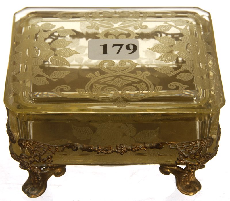 2" X 3 1/2" CHAMPAGNE YELLOW DEPRESSION GLASS COVERED B: 2" X 3 1/2" CHAMPAGNE YELLOW DEPRESSION GLASS COVERED BOX SET IN GILT METAL BASE - ETCHED FLORAL DESIGN
