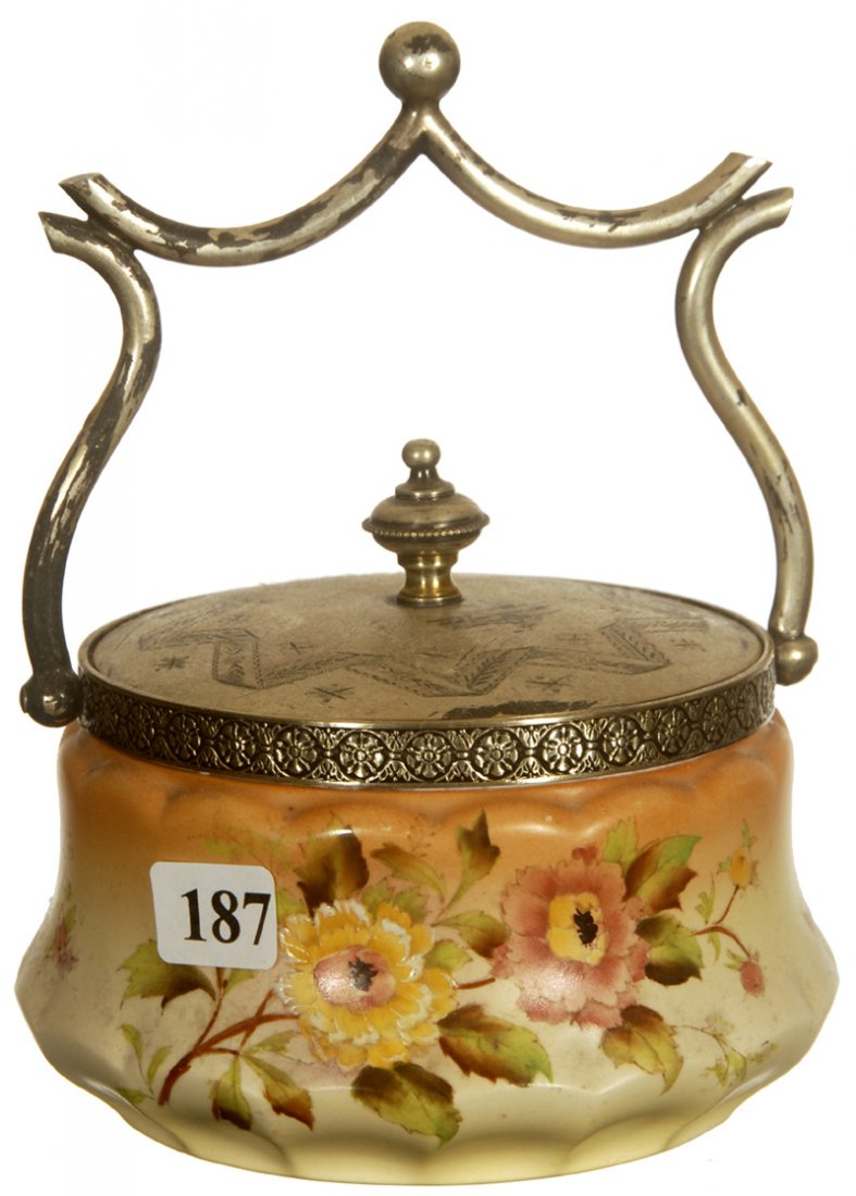 4 1/4" CARLTON WARE SWEETMEAT IN "PEONY" PATTERN: 4 1/4" CARLTON WARE SWEETMEAT IN "PEONY" PATTERN CREAM & ORANGE BACKGROUND - SILVERPLATE LID & BAIL