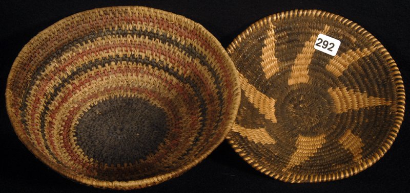 (2) INDIAN BASKETS: (2) INDIAN BASKETS (1) 7" ATTRIBUTED TO PAPAGO INDIAN TRIBE; (1) 8" WITH COLORED HIGHLIGHT UNKNOWN TRIBE