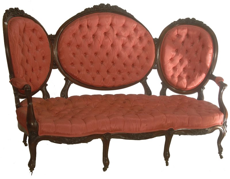 FIVE PIECE VICTORIAN CARVED WALNUT SETTEE SET: FIVE PIECE VICTORIAN CARVED WALNUT SETTEE SET 42" X 68" COUCH, TWO 4" ARM CHAIRS, TWO 37" LADIES CHAIRS - CARVED FLORAL DESIGN - RED VELOUR