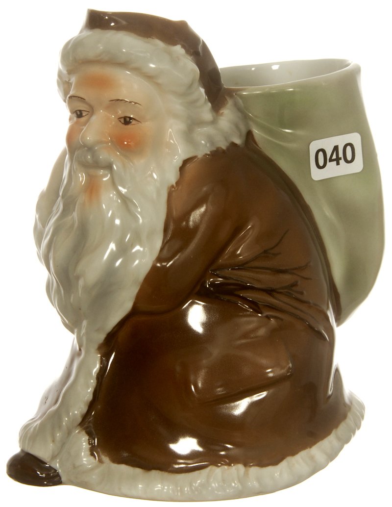 VERY RARE! 7 1/4" UNMARKED ROYAL BAYREUTH FIGURAL SANTA: VERY RARE! 7 1/4" UNMARKED ROYAL BAYREUTH FIGURAL SANTA CLAUS LEMONADE PITCHER PACK AS HANDLE - BROWN JACKET - IMPRESSED "DEPONIERT" - SUPER FINE!