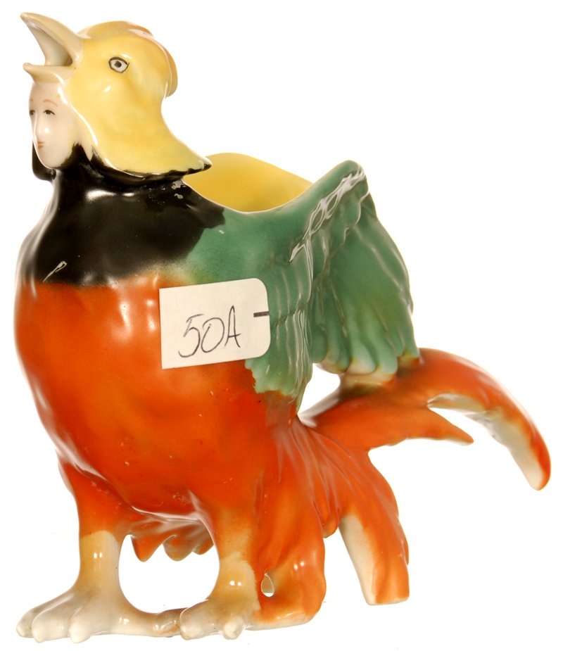 4 3/4" X 6 1/2" UNMARKED ROYAL BAYREUTH FIGURAL CHINESE: 4 3/4" X 6 1/2" UNMARKED ROYAL BAYREUTH FIGURAL CHINESE PHEASANT CREAMER EXTREMELY RARE - FEMALE FACE LOCATED JUST BELOW PHEASANT BEAK - VERY COLORFUL