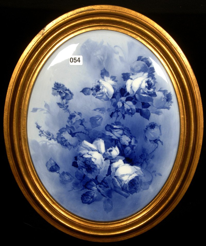 13 1/2" MARKED DOULTON BURSLEM OVAL FLOW BLUE PLAQUE SE: 13 1/2" MARKED DOULTON BURSLEM OVAL FLOW BLUE PLAQUE SET IN 16 1/2" GILT FRAME ROSE DECOR TITLED "GLOIRE-DE-DIJON"