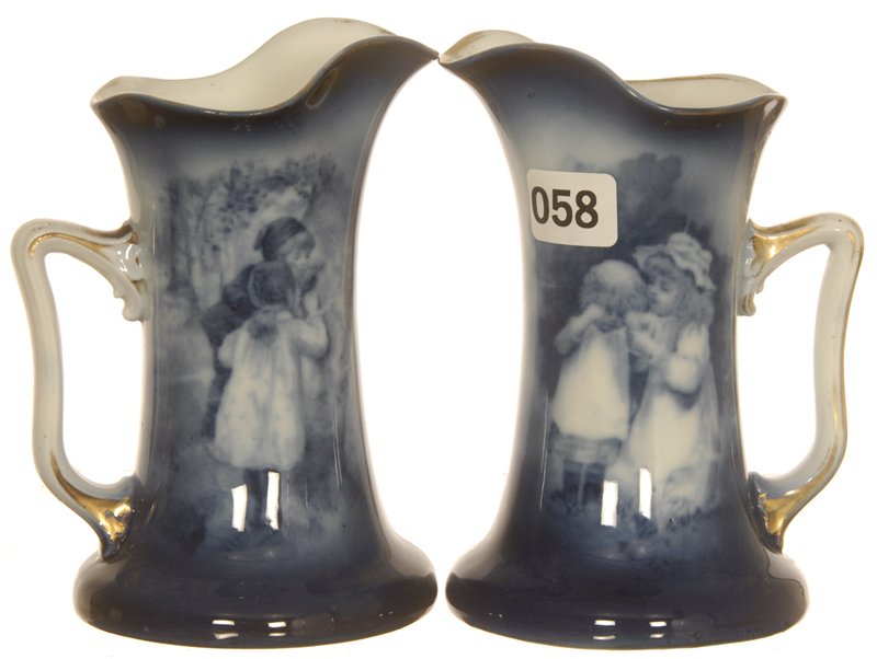 PAIR 5" ROYAL BAYREUTH (BLUE MARK #10) CORSET SHAPED FL: PAIR 5" ROYAL BAYREUTH (BLUE MARK #10) CORSET SHAPED FLOW BLUE CREAMERS BABES IN WOODS SCENIC DECOR FEATURING GIRL COMFORTING CRYING CHILD AND "LEFT HANDED" SCENE OF CHILDREN LOOKING IN TREE HOLE