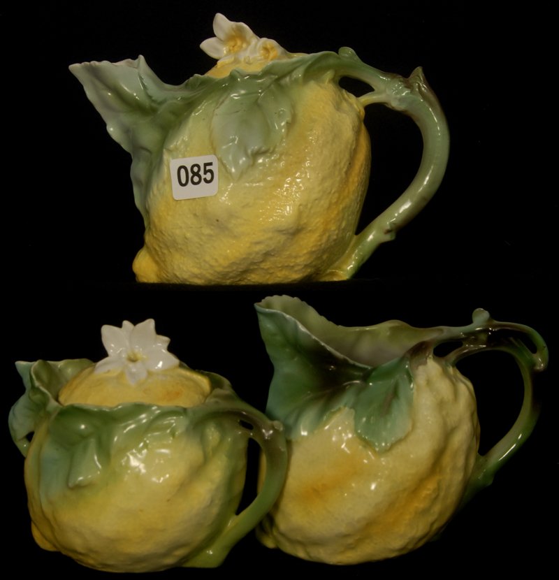 (3) PIECE ROYAL BAYREUTH (BLUE MARK #9) FIGURAL LEMON T: (3) PIECE ROYAL BAYREUTH (BLUE MARK #9) FIGURAL LEMON TEA SET TEA POT, CREAMER & COVERED SUGAR -