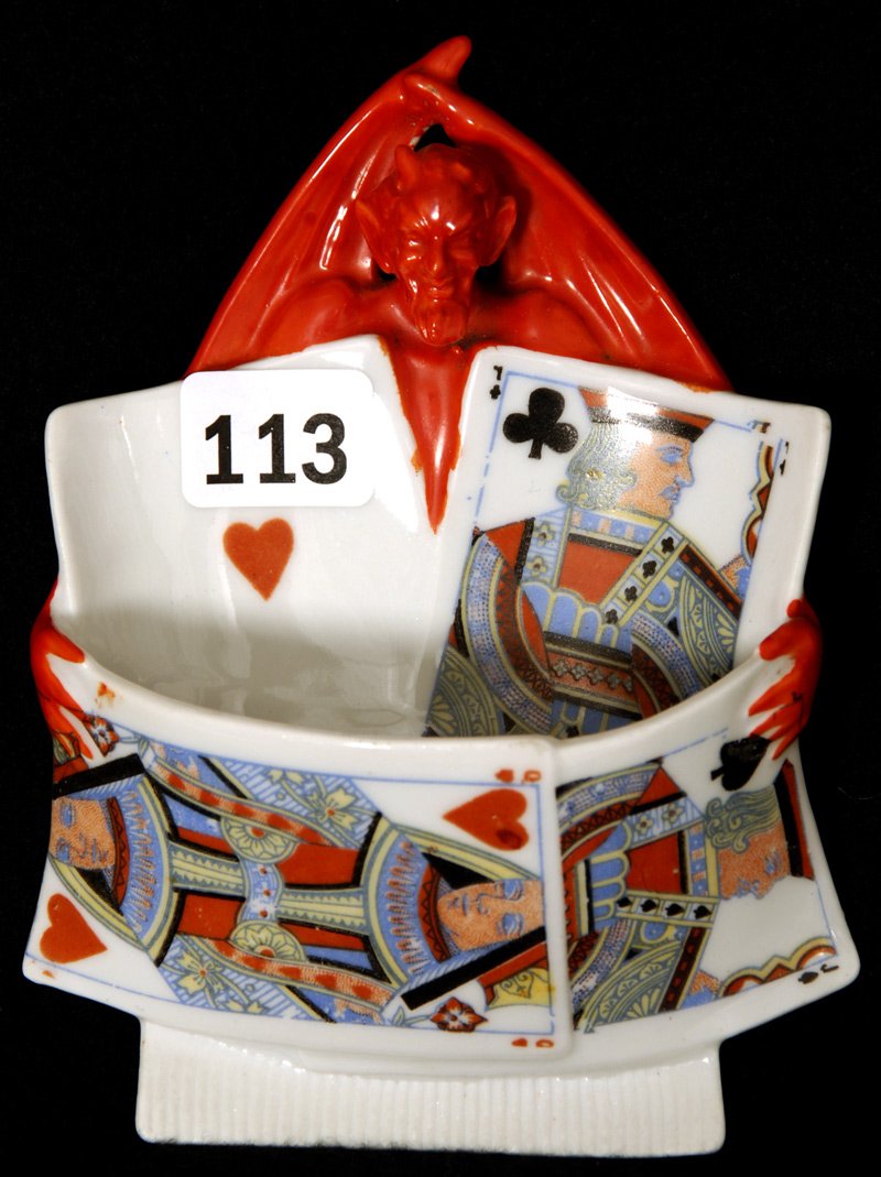 4 3/4" ROYAL BAYREUTH (BLUE MARK #9) FIGURAL "DEVIL & C: 4 3/4" ROYAL BAYREUTH (BLUE MARK #9) FIGURAL "DEVIL & CARDS" MATCH HOLDER NICE!