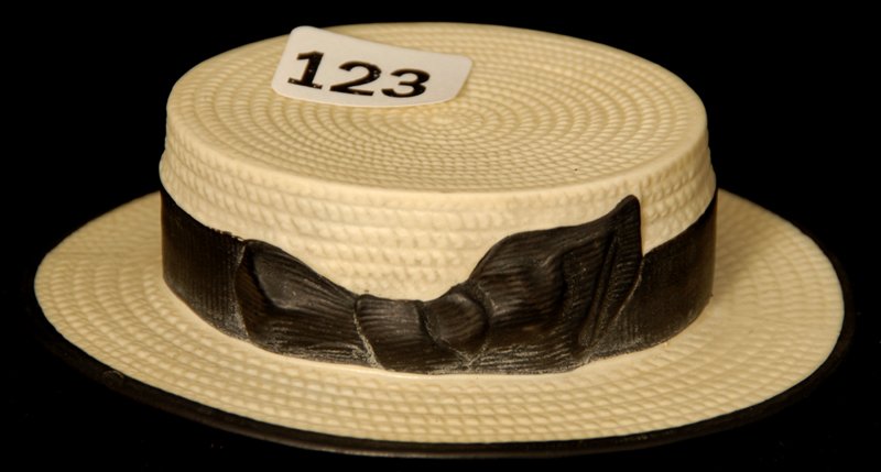 4" UNMARKED ROYAL BAYREUTH ADVERTISING FIGURAL STRAW HA: 4" UNMARKED ROYAL BAYREUTH ADVERTISING FIGURAL STRAW HAT W/ BLACK TRIM ADVERTISING INSIDE HAT: ROSE HEISCHMAN, BROADWAY, NEW YORK - NICE PIECE OF HISTORY