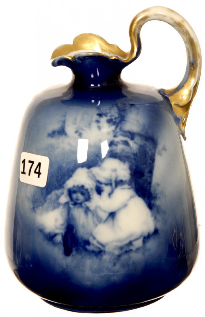 6" ROYAL BAYREUTH (BLUE MARK #9) FLOW BLUE BABES IN WOO: 6" ROYAL BAYREUTH (BLUE MARK #9) FLOW BLUE BABES IN WOODS SCENIC HANDLED JUG TWO GIRLS PLAYING WITH GNOME