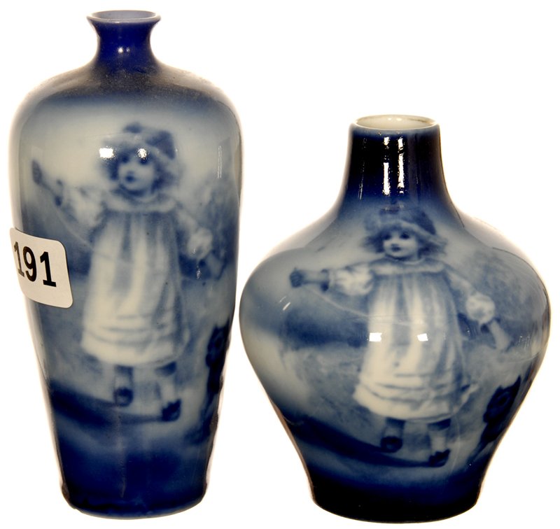 (2) ROYAL BAYREUTH (BLUE MARKS #9 & 10) FLOW BLUE BABES: (2) ROYAL BAYREUTH (BLUE MARKS #9 & 10) FLOW BLUE BABES IN WOODS SCENIC VASES (1) 3 1/2"; (1) 4 1/2" - BOTH WITH SCENE OF GIRL AND DOG PLAYING