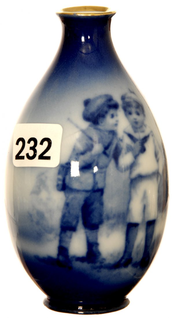 4 1/2" ROYAL BAYREUTH (BLUE MARK #10) FLOW BLUE BABES I: 4 1/2" ROYAL BAYREUTH (BLUE MARK #10) FLOW BLUE BABES IN WOODS SCENIC VASE TWO BOYS