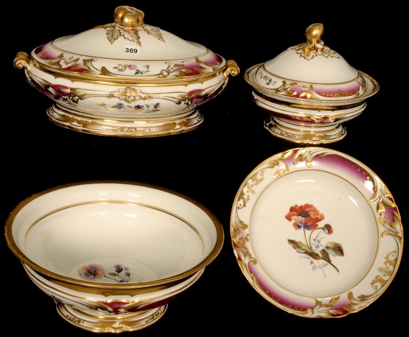 FOUR PIECE OLD PARIS DINNER WARE: FOUR PIECE OLD PARIS DINNER WARE WHITE WITH RED AND GOLD HIGHLIGHTS AND FLORAL DECOR - (1) 7" X 14 1/2" OBLONG COVERED TUREEN - (1) 7 1/4" X 8" COVERED PEDESTAL BOWL - (1) 4 3/4" X 11 1/4" ROUND BOWL 