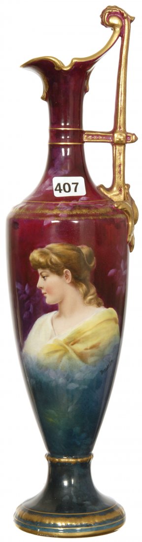 14 1/2" MARKED ROYAL BONN PEDESTAL EWER: 14 1/2" MARKED ROYAL BONN PEDESTAL EWER BLUE AND MAROON BACKGROUND WITH PORTRAIT OF YOUNG GIRL - ARTIST SIGNED "BEERBOHM"