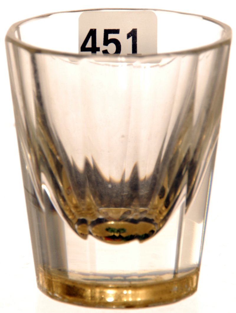 2 3/4" BOHEMIAN STYLE SHOT GLASS: 2 3/4" BOHEMIAN STYLE SHOT GLASS HANDPAINTED ROOSTER DESIGN SET IN BASE