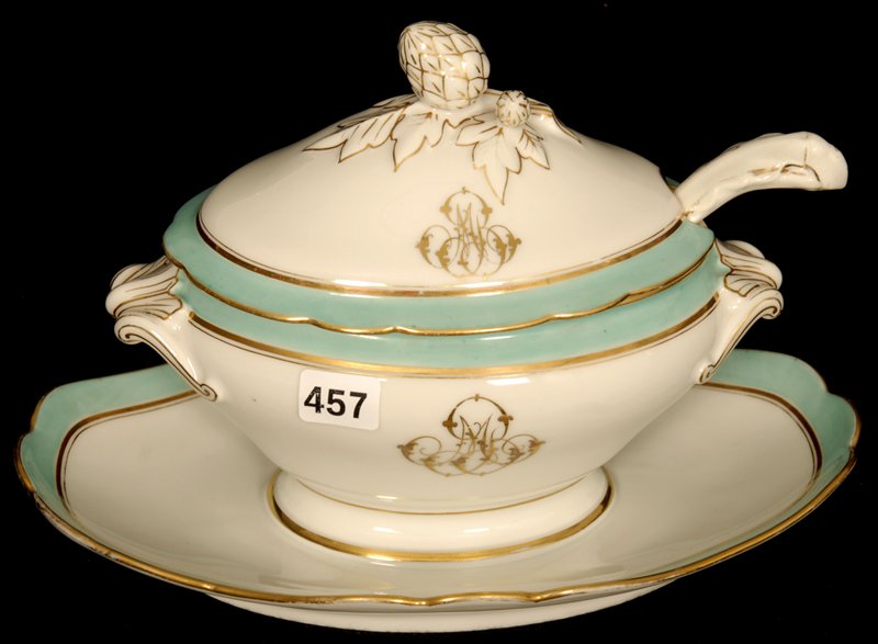 6" X 10" OLD PARIS COVERED BOWL WITH ATTACHED UNDERPLAT: 6" X 10" OLD PARIS COVERED BOWL WITH ATTACHED UNDERPLATE WHITE AND BLUE GREEN TONES - GOLD TRIM - MONOGRAM OF "M"