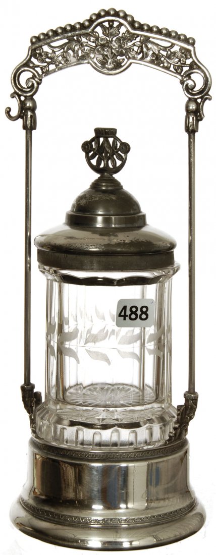 11 1/2" PICKLE CASTOR: 11 1/2" PICKLE CASTOR CLEAR PATTERN GLASS INSERT WITH ETCHED LEAF HIGHLIGHTS - SET ON SILVERPLATE FRAME