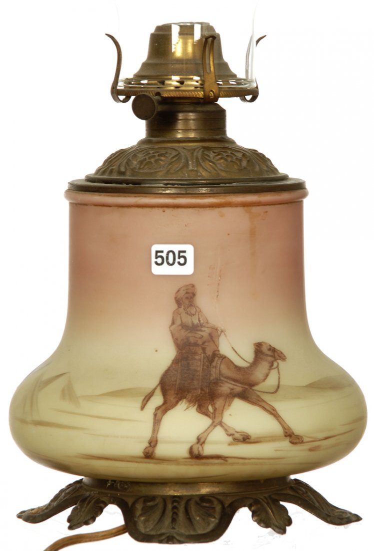 RARE 10 1/2" MT. WASHINGTON DECORATED BURMESE LAMP BASE: RARE 10 1/2" MT. WASHINGTON DECORATED BURMESE LAMP BASE CAMEL AND PYRAMID SCENIC DECOR - ELECTRIFIED