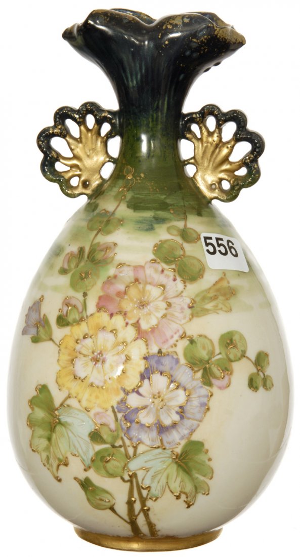 8 1/2" TEPLITZ MARKED "RSTK" TWO HANDLED VASE: 8 1/2" TEPLITZ MARKED "RSTK" TWO HANDLED VASE CREAM AND DARK GREEN BACKGROUND WITH FLORAL DECOR - MODEL #452 - MODELER #17