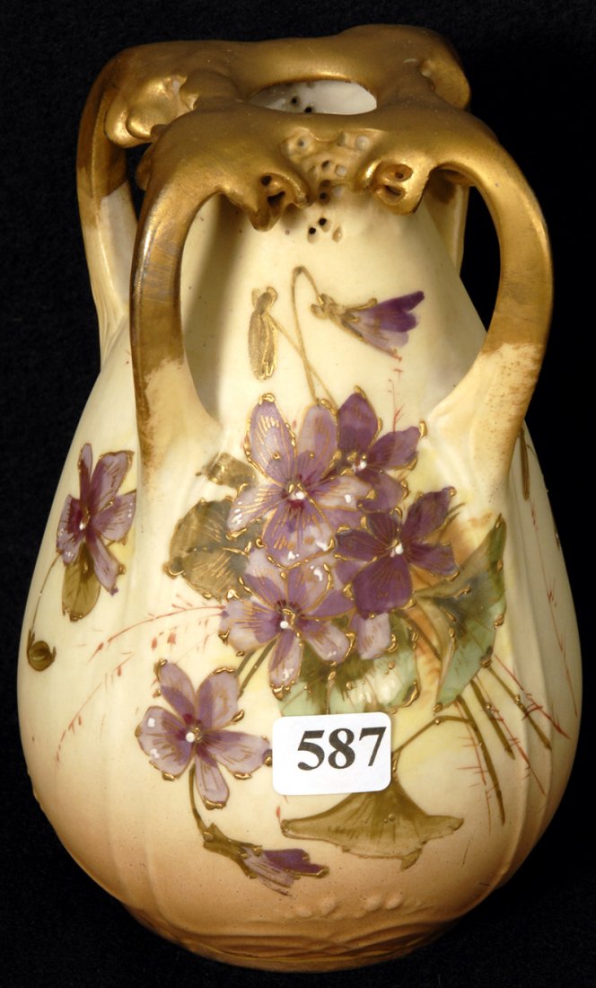 6 3/4" TEPLITZ MARKED "RSTK" FOUR HANDLED VASE: 6 3/4" TEPLITZ MARKED "RSTK" FOUR HANDLED VASE CREAM TONES WITH LAVENDER FLORAL DECOR - GOLD HIGHLIGHTS - MODEL #545 - MODELER #26