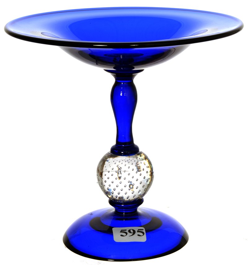 6" X 6 1/4" COBALT BLUE COMPOTE BY PAIRPOINT: 6" X 6 1/4" COBALT BLUE COMPOTE BY PAIRPOINT CLEAR CONTROLLED BUBBLE STEM