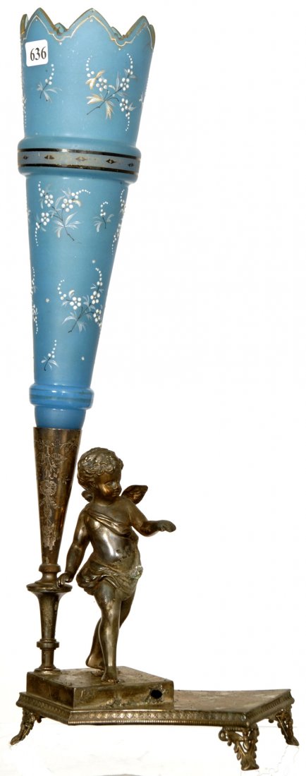 20" ART GLASS TRUMPET VASE SET ON FIGURAL SILVERPLATE S: 20" ART GLASS TRUMPET VASE SET ON FIGURAL SILVERPLATE STAND BLUE VASE WITH ENAMEL FLORAL DECOR - CHERUB BASE