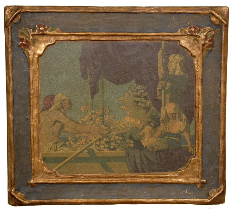 UNIQUE 9 1/4" X 10 1/4" ORIGINAL MAXFIELD PARRISH: 1917 CLEOPATRA ON WOODEN BOARD - VERY NICE