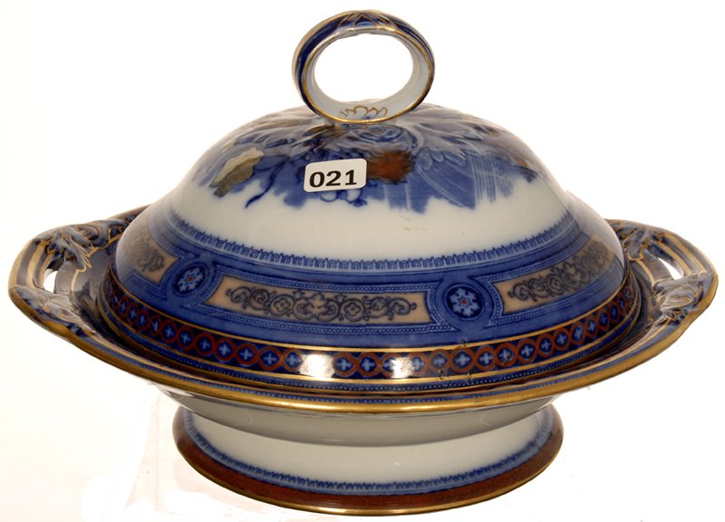 7" X 11" DOULTON BURSLEM FLOW BLUE ROUND COVERED TUREEN: FLORAL URN POLYCHROME DESIGN