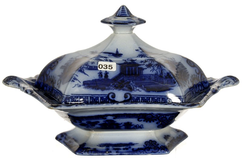 7" X 12 1/2" FLOW BLUE CHUSAN PATTERN SIX-SIDED COVERED: MADE BY CLEMENTSON, SHELTON, HANLEY - CA. 1840'S