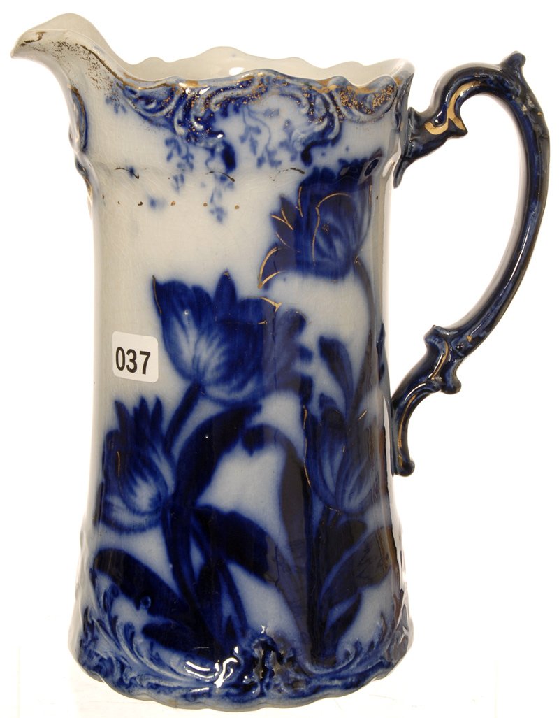 9" FLOW BLUE WATER PITCHER: TULIP DECOR WITH GOLD STENCIL HIGHLIGHTS