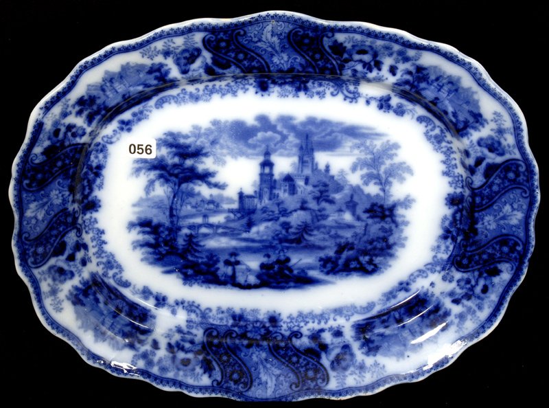 15 1/2" X 12 3/4" FLOW BLUE SERVICE TRAY: NONPAREIL PATTERN BY MIDDLEFORK POTTERY