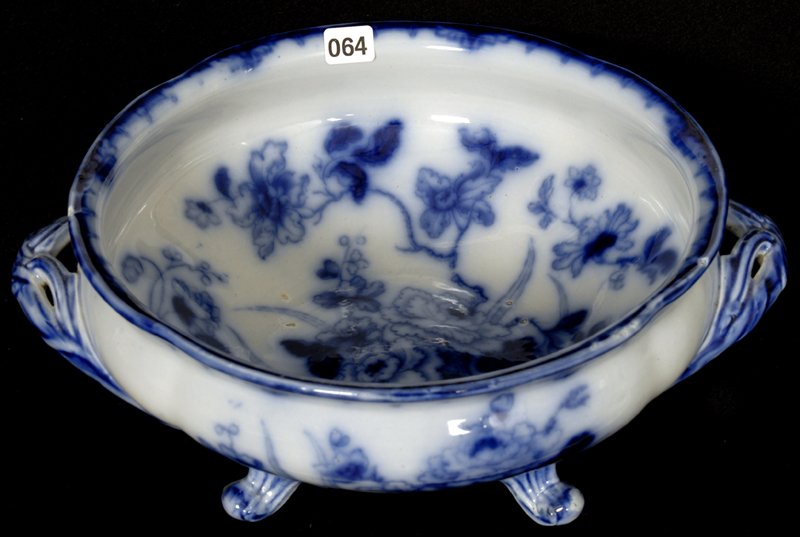 4 3/4" X 10" UNMARKED FLOW BLUE TWO HANDLED FOOTED BOWL: BRANCH AND BLOSSOM DECOR