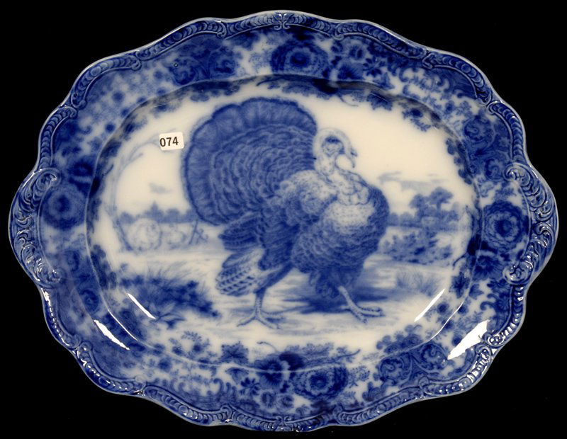 20" X 15 3/4" FLOW BLUE SERVICE PLATTER BY RIDGEWAY: LARGE TURKEY DECOR - WITH FLORAL BORDER
