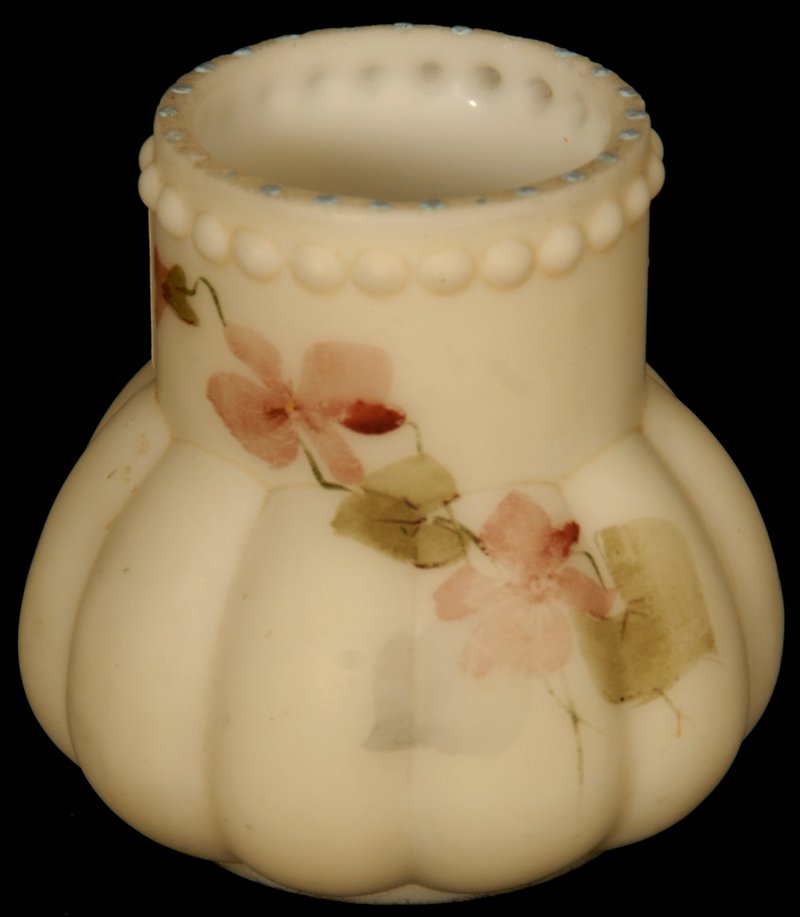 ADVERTISING 2" TOOTHPICK HOLDER MARKED "LIBBEY CUT: CREAM BACKGROUND WITH FLORAL DECOR - FIVE SMALL BLUE ENAMEL BEADS ON TOP RIM MISSING - A MINOR DEFECT
