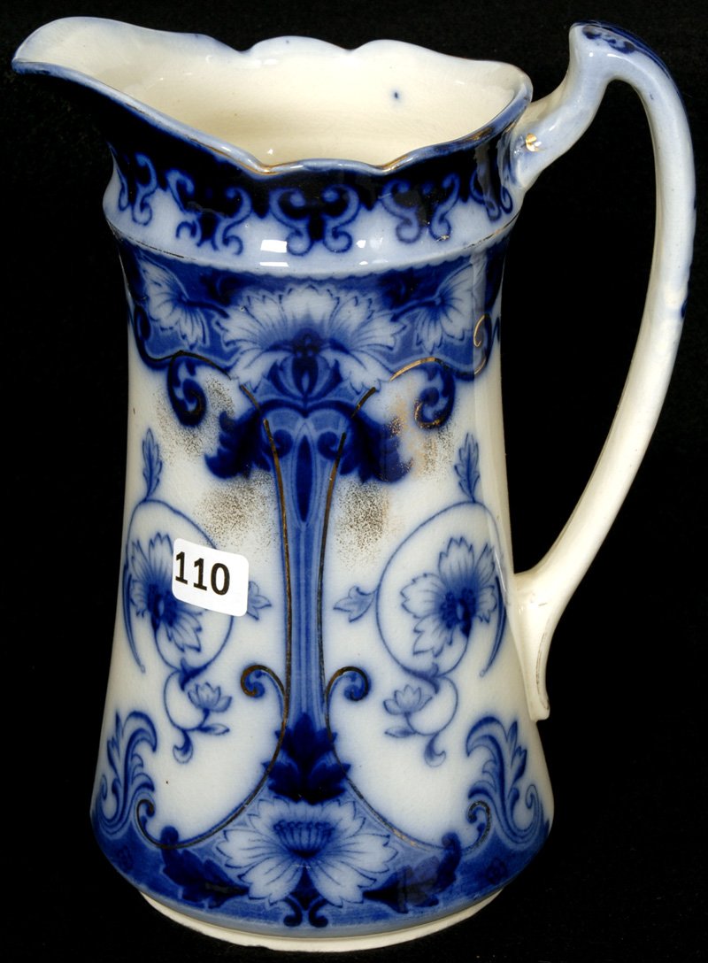 8 1/2" UNMARKED FLOW BLUE PITCHER: FANCY FLORAL DECOR - GOLD STENCIL HIGHLIGHTS