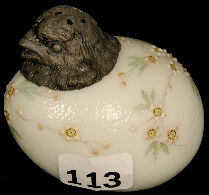 2 1/2" MT. WASHINGTON FIGURAL CHICK IN EGG SALT SHAKER: WHITE WITH ENAMEL FLORAL DECOR