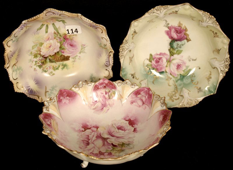 (3) RSP THREE FOOTED BOWLS: (1) 7" PINK WITH PINK & YELLOW ROSE DECOR - (1) 6 1/2" GREEN WITH PINK ROSE DECOR - (1) 6 1/2" WITH HANGING BASKET DECOR