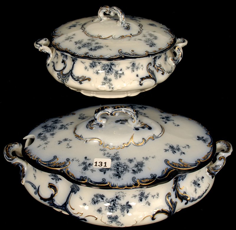 (2) FLOW BLUE COVERED TUREENS IN CHESWICK PATTERN BY: (1) 6" X 12" OVAL - (1) 4 1/2" X 9" ROUND