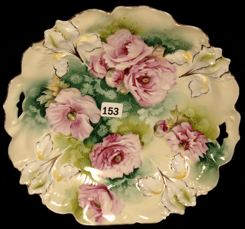 9 1/2" RSP IRIS MOLD TWO HANDLED CAKE PLATE: GREEN AND CREAM WITH PINK POPPY DECOR