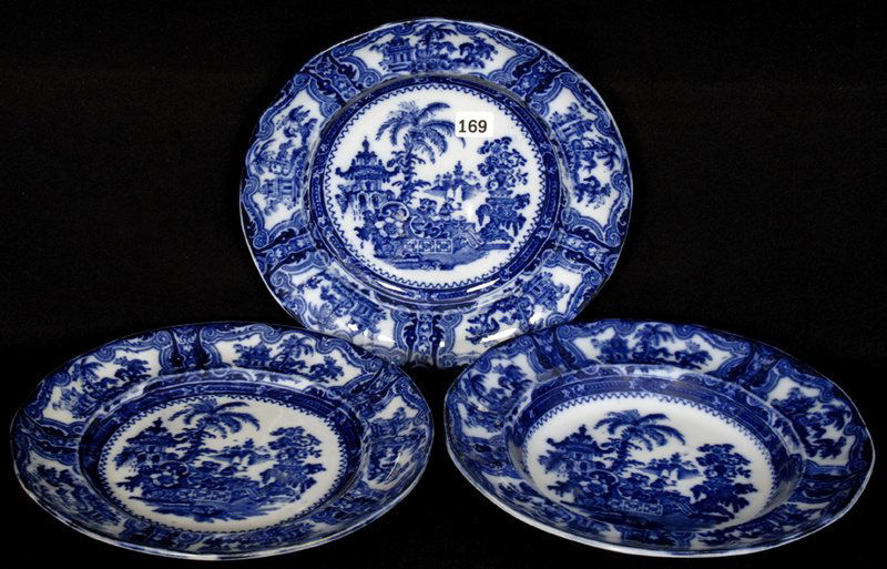 (3) 9" FLOW BLUE KYBER PATTERN ITEMS: (2) PLATES - (1) BOWL