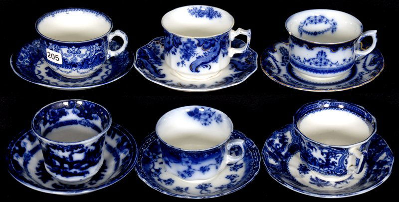 (6) FLOW BLUE CUPS AND SAUCERS: PATTERNS INCLUDE: KYBER, WATTEAU, PORTSMOUTH (RIM CHIP), BRUNSWICK, ARGYLE AND KIN-SHAN -
