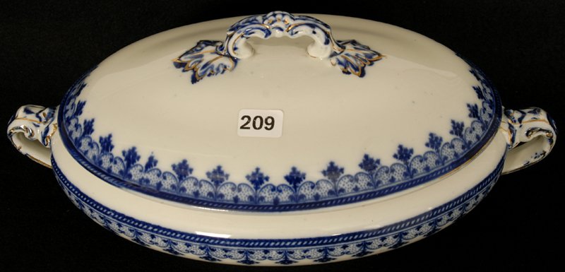 5 1/2" X 12" FLOW BLUE SAVOY PATTERN OVAL COVERED