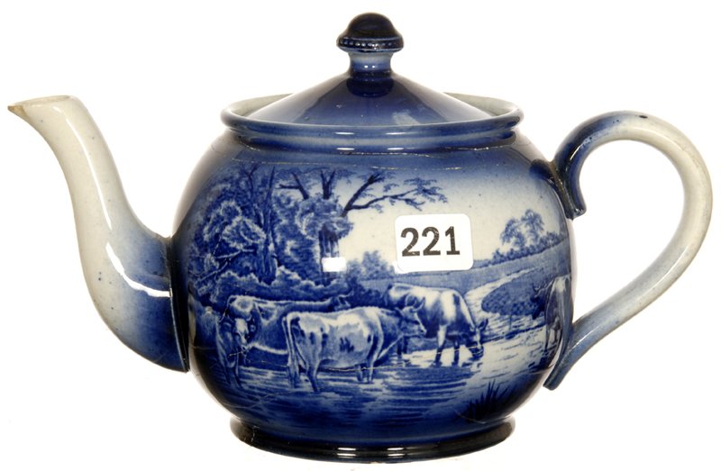 5" X 8" FLOW BLUE TEA POT: CATTLE & SHEEP SCENIC DECOR - CRAZING ON POT AND LID