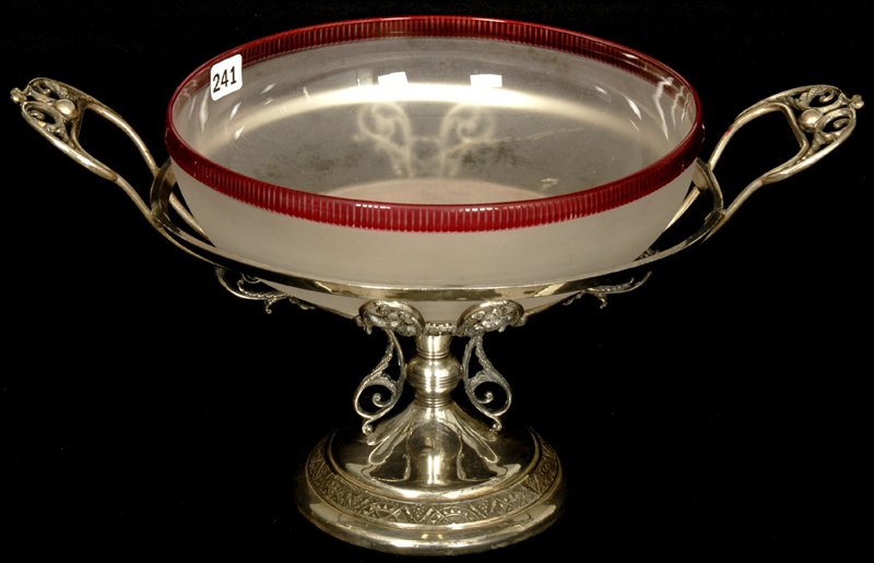 7 1/2" X 14" BRIDES BASKET: FROSTED ART GLASS BOWL WITH CRANBERRY RIDGED EDGE SET ON PAIRPOINT SILVERPLATE FRAME - FRAME IS SLIGHTLY BENT