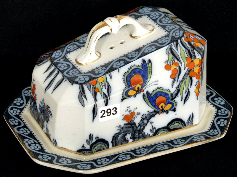 4 1/2" X 9" POLYCHROMATIC FLOW BLUE COVERED CHEESE DISH: PAPILLON PATTERN