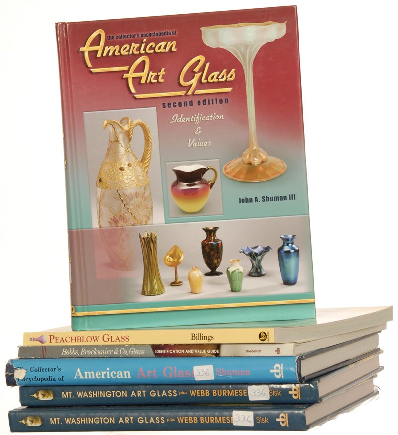 (6) BOOKS: (1) HOBBS, BROCKUNIER & CO., GLASS BY NEILA & TOM BREDEHOFF - (1) PEACHBLOW GLASS BY SEAN & JOHANNA BILLINGS - (1) THE COLLECTOR'S ENCYCLOPEDIA OF AMERICAN ART GLASS BY JOHN A. SHUMAN III - (1) THE CO