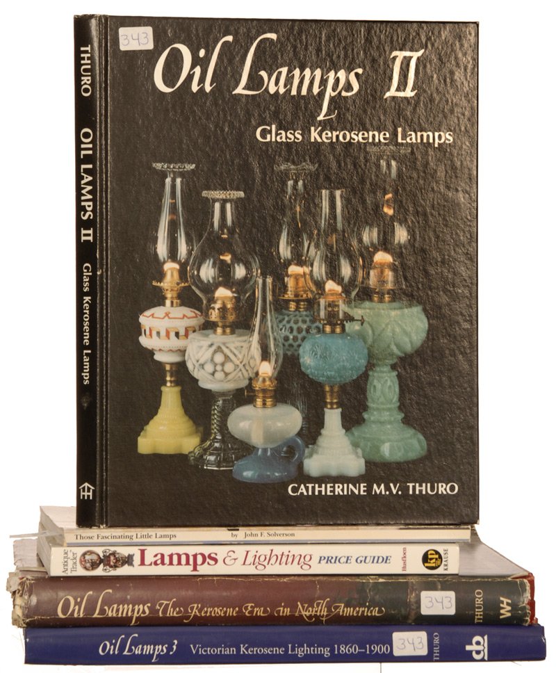 (5) BOOKS: (1) THOSE FASCINATING LITTLE LAMPS BY JOHN F. SOLVERSON - (1) ANTIQUE TRADER LAMPS & LIGHTING PRICE GUIDE EDITED BY KYLE HUSFLOEN - (1) OIL LAMPS BY CATHERINE M. V. THURA - (1) OIL LAMPS II BY CATHERI