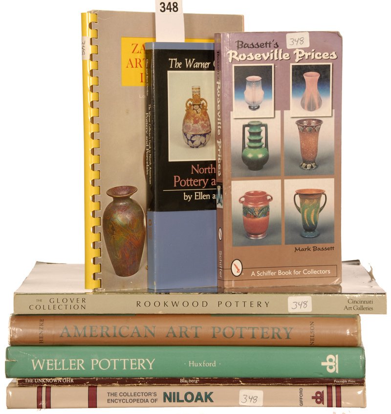 (8) BOOKS: (1) THE WARNER COLLECTOR'S GUIDE TO NORTH AMERICAN POTTERY & PORCELAIN BY ELLEN & BERT DENKER - (1) BASSETT'S ROSEVILLE PRICES BY MARK BASSETT - (1) ZANESVILLE ART POTTERY BY LOUISE & EVAN PURVIANCE &