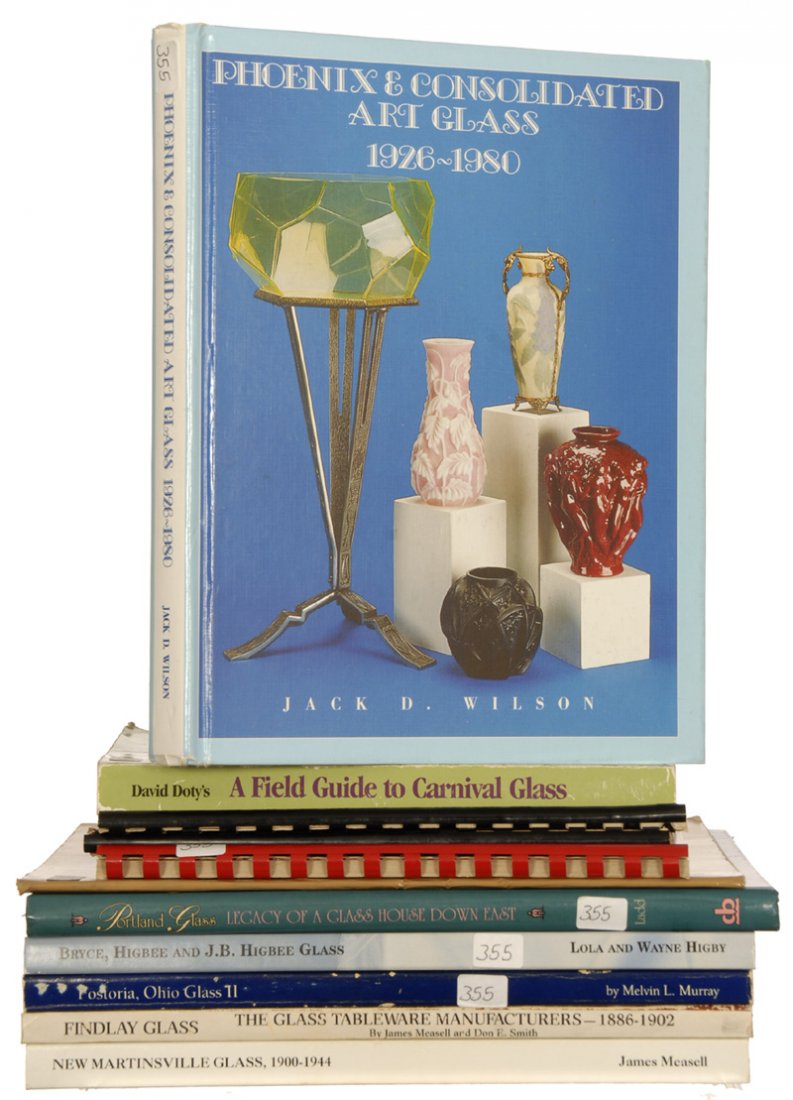 (10) BOOKS: (1) NEW MARTINSVILLE GLASS 1900-1944 BY JAMES MEASELL - (1) FINDLAY GLASS BY JAMES MEASELL & DON E. SMITH - (1) PHOENIX & CONSOLIDATED ART GLASS 1926-1980 BY JACK D. WILSON - (1) FOSTORIA OHIO GLASS I