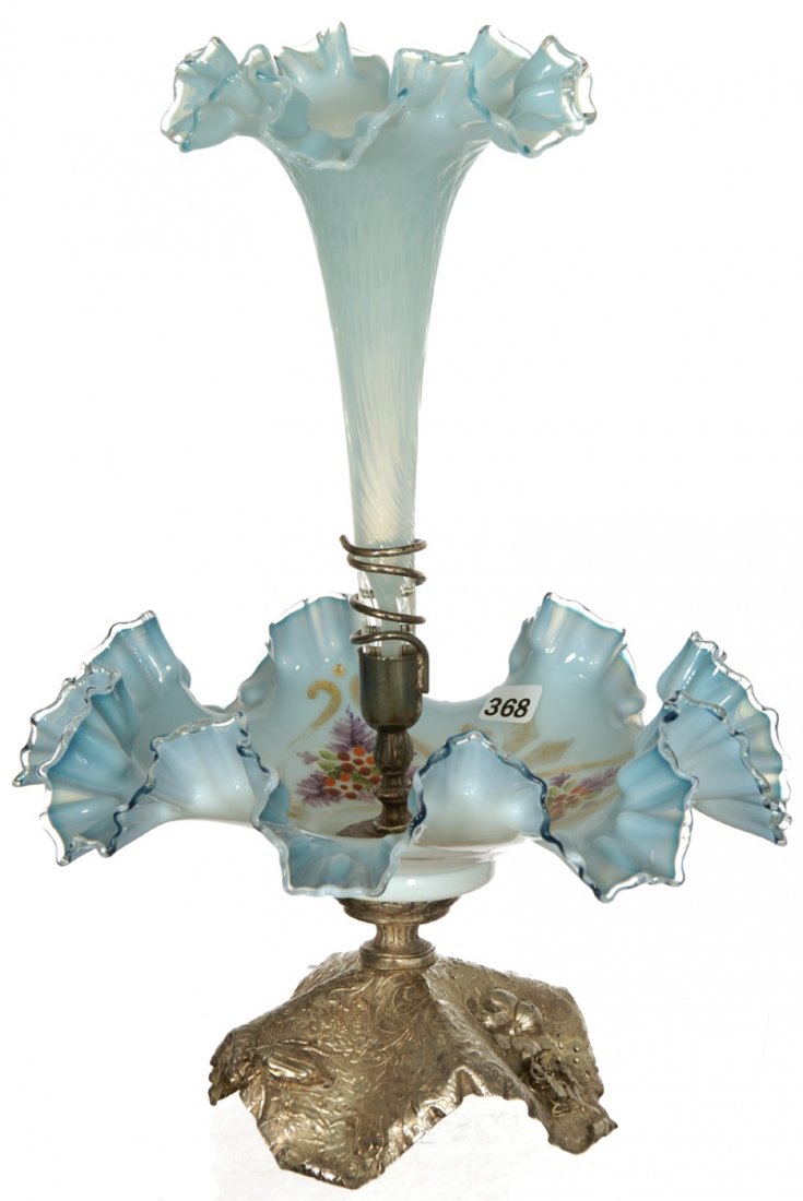 14" CASED ART GLASS EPERGNE: BLUE WITH ENAMEL FLORAL DECOR - REMOVABLE LILY WITH SIDE CHIP ON BASE HIDDEN BY METAL STEM - ORNATE SILVERPLATE BASE FEATURES BEETLE AND FLOWERS